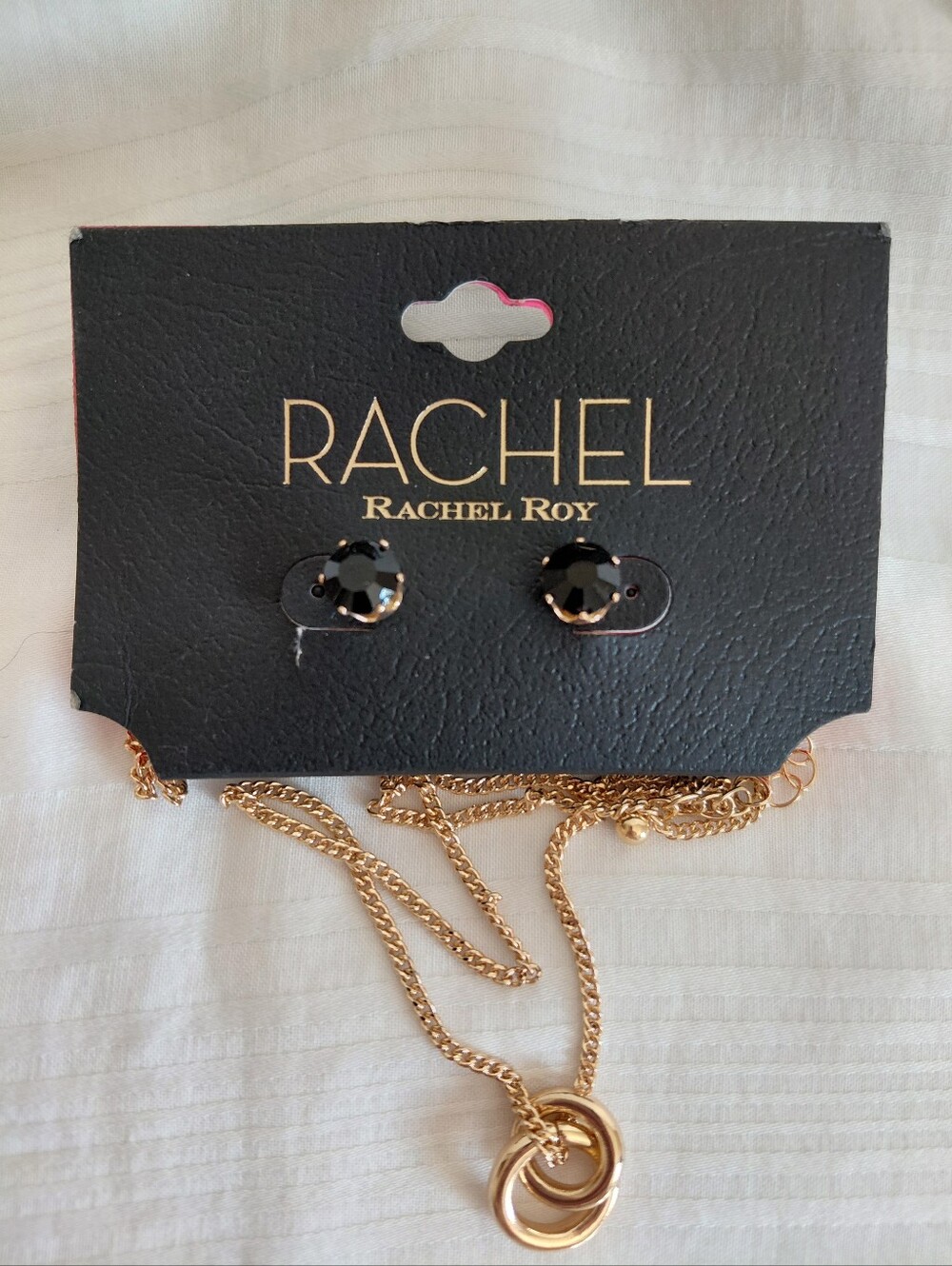 New Gold Rings Necklace Black Glass Stud Earrings